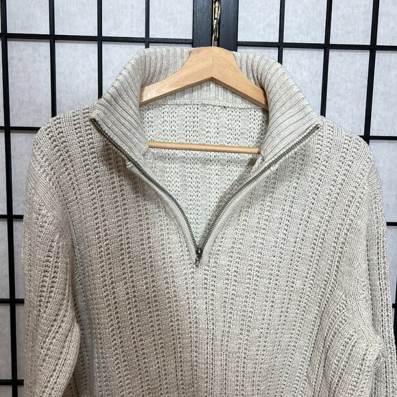 Cable Knitted Collared Sweater Pullover Classic 1/4 zip Tan Men S/M - Picture 3 of 9